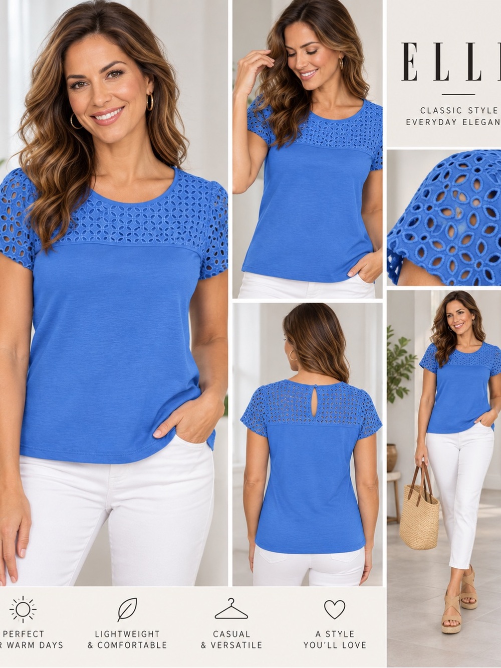 Elle Short Eyelet Sleeve Crochet Yoke Tee in Cobalt,Large